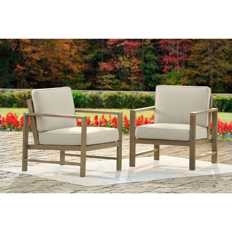 Transitional Eucalyptus Wood Lounge Chair with Beige Cushions