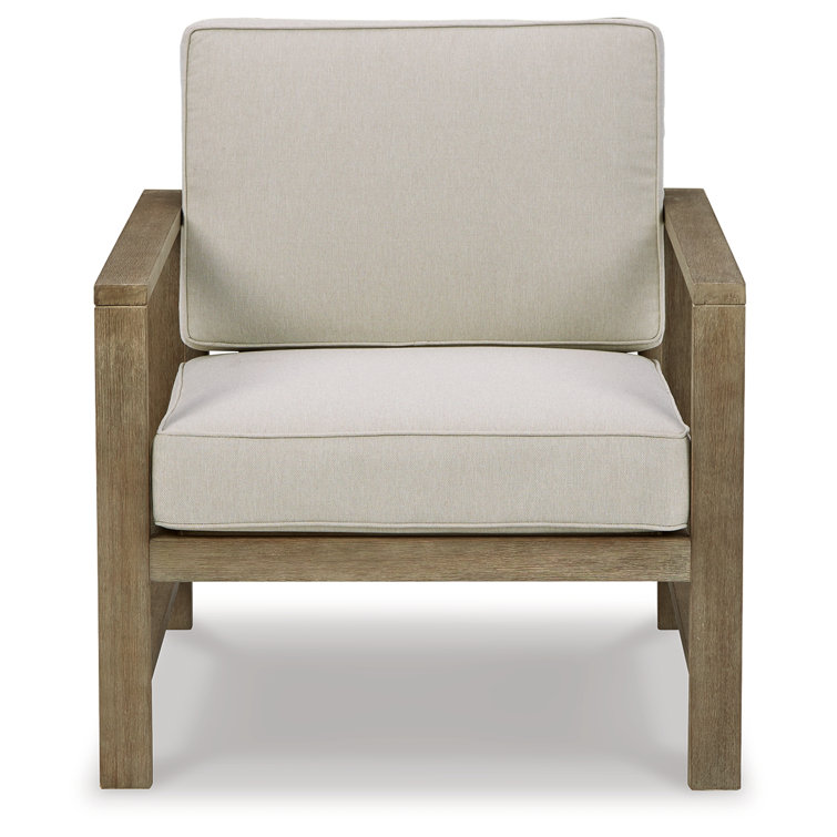 Transitional Eucalyptus Wood Lounge Chair with Beige Cushions