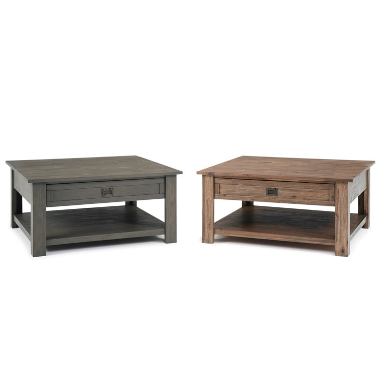 Farmhouse Gray 38" Square Acacia Wood Coffee Table with Storage