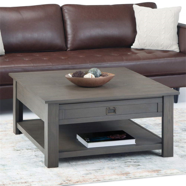 Farmhouse Gray 38" Square Acacia Wood Coffee Table with Storage