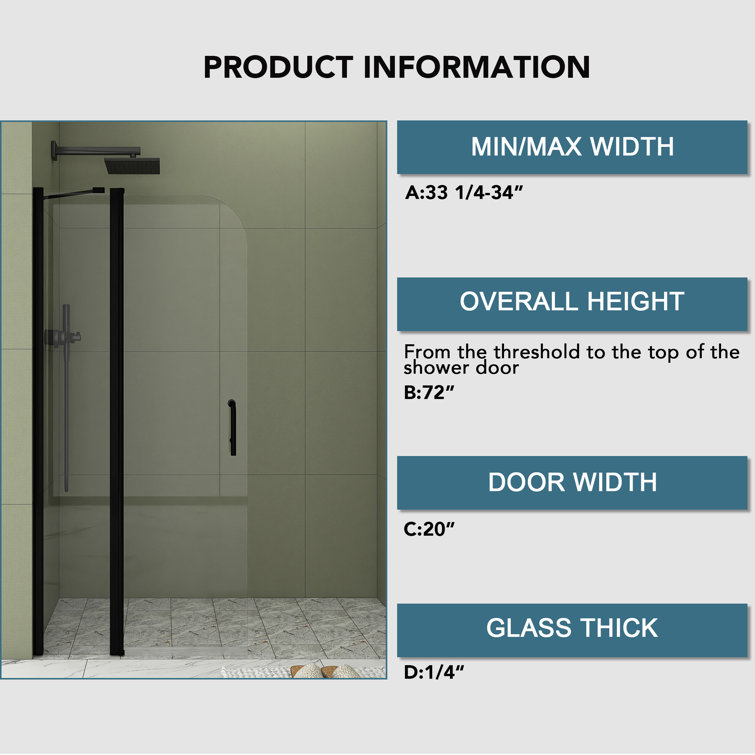 34'' x 72'' Matte Black Semi-Frameless Pivot Shower Door