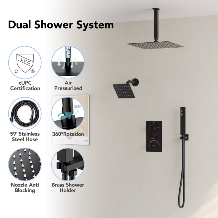 Matte Black Dual Shower System with LCD Display and Handheld