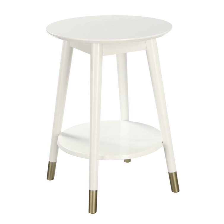White Solid Rubberwood Round End Table with Bottom Shelf