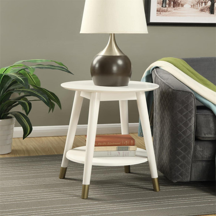 White Solid Rubberwood Round End Table with Bottom Shelf