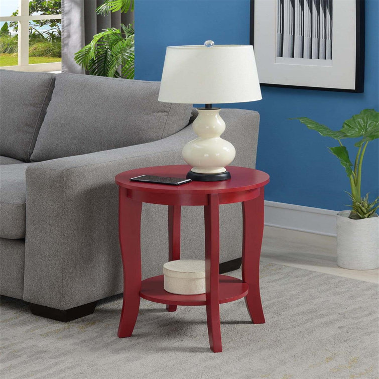 Cranberry Red Round Wooden End Table with Storage Shelf