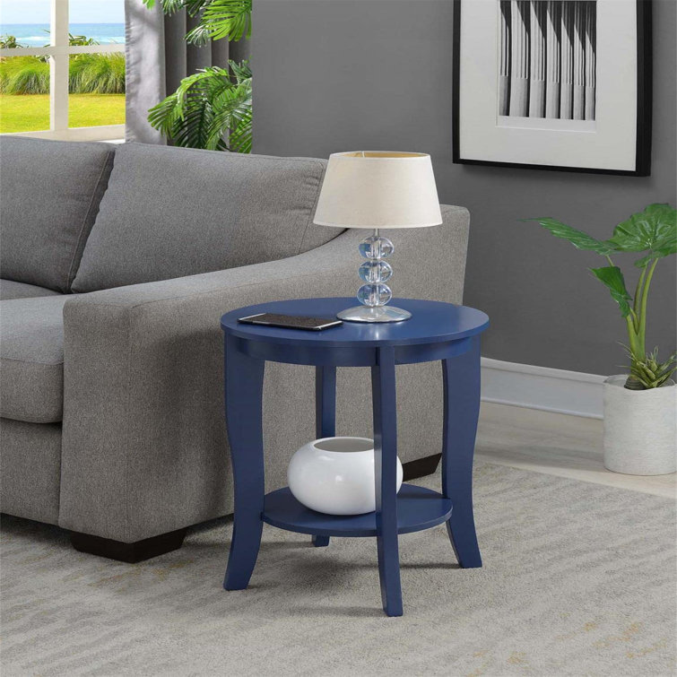 Cobalt Blue Round Wood End Table with Shelf
