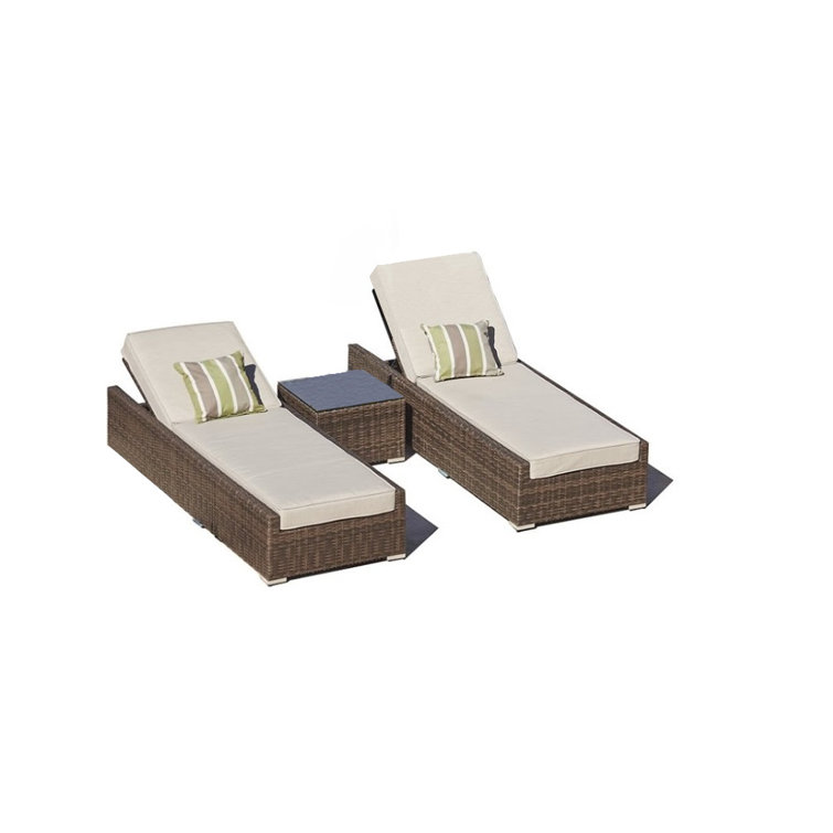 Riviera Elegance Brown Rattan 3-Piece Outdoor Chaise Lounge Set with Beige Cushions