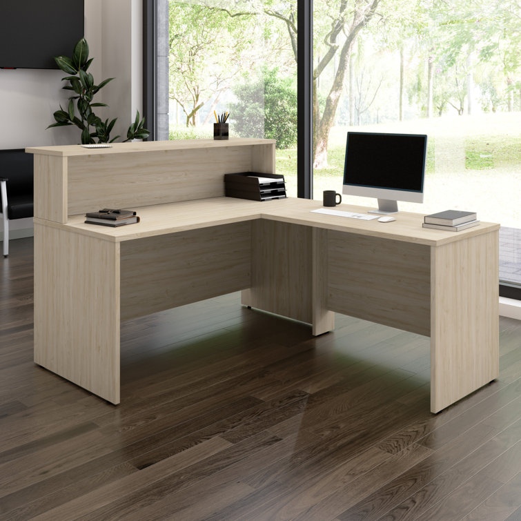Natural Elm L-Shaped Reception Desk with Raised Shelf