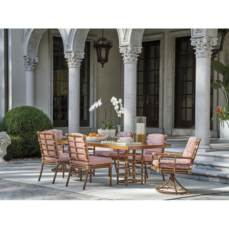 Brown Leather-Like Bamboo Rectangular Dining Table with Wavy Glass Top
