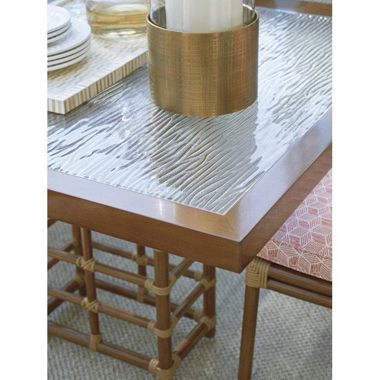 Brown Leather-Like Bamboo Rectangular Dining Table with Wavy Glass Top