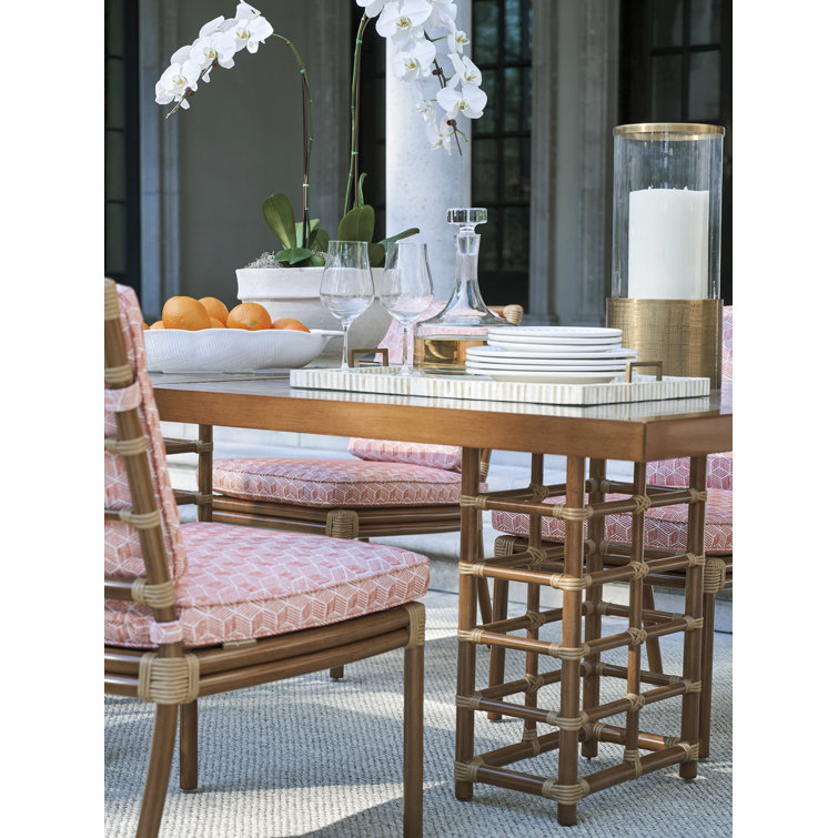 Brown Leather-Like Bamboo Rectangular Dining Table with Wavy Glass Top