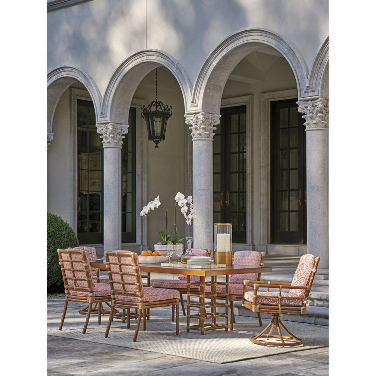 Brown Leather-Like Bamboo Rectangular Dining Table with Wavy Glass Top