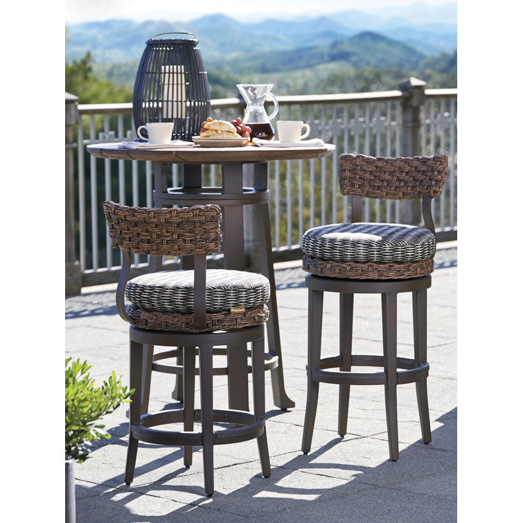 Espresso Swivel Bar Stool with Woven Wicker and Teak