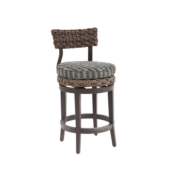 Espresso Swivel Bar Stool with Woven Wicker and Teak