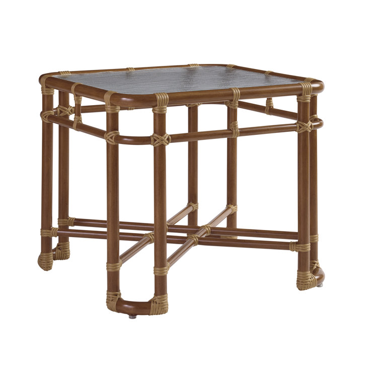 Brown Bamboo Coastal Square End Table with Glass Top