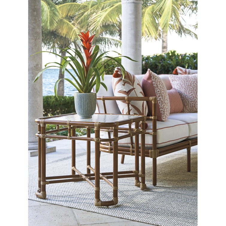 Brown Bamboo Coastal Square End Table with Glass Top