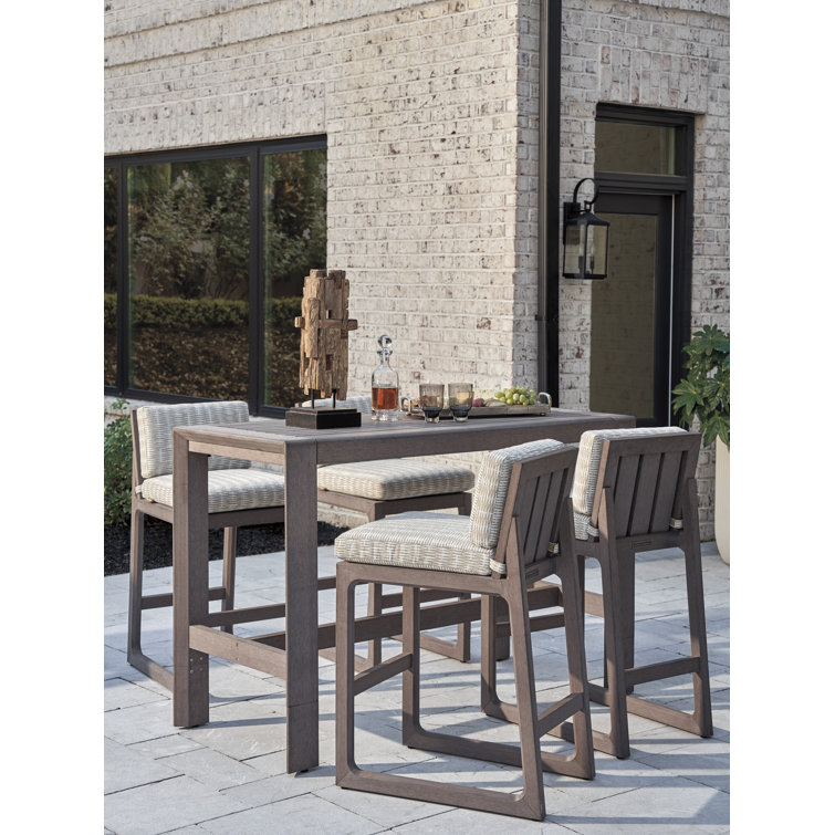 Taupe-Gray Teak Outdoor Bar Stool with Cushioned Seat