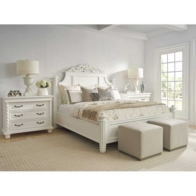 White King Upholstered Poster Bed with Carved Headboard