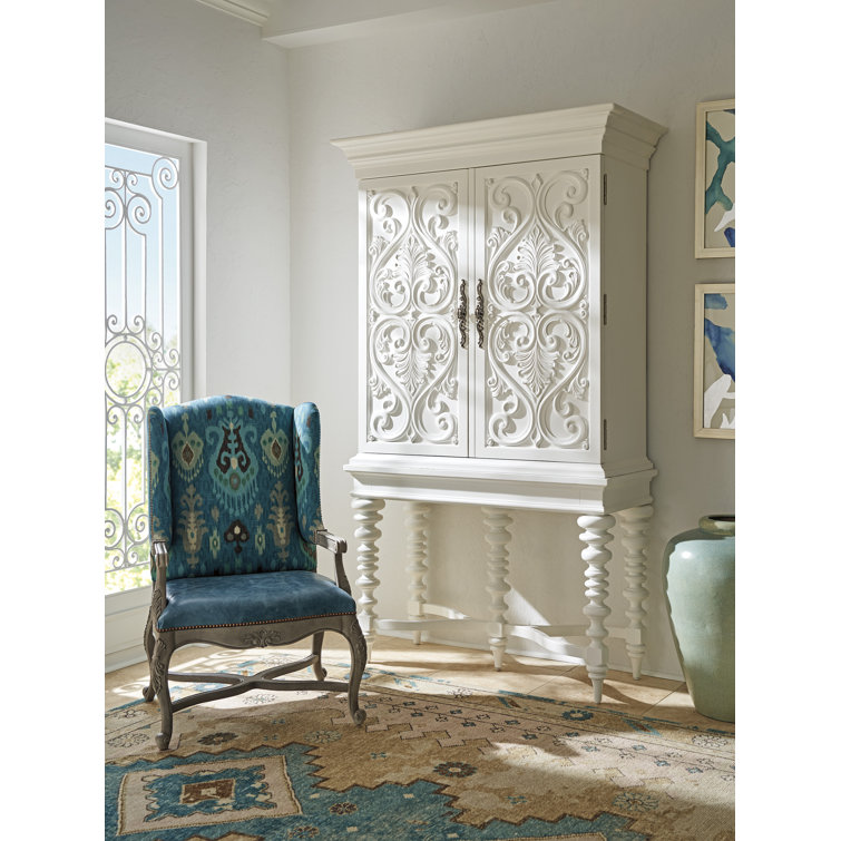 Arezzo White Carved Wood Bar Cabinet with Glass Shelves