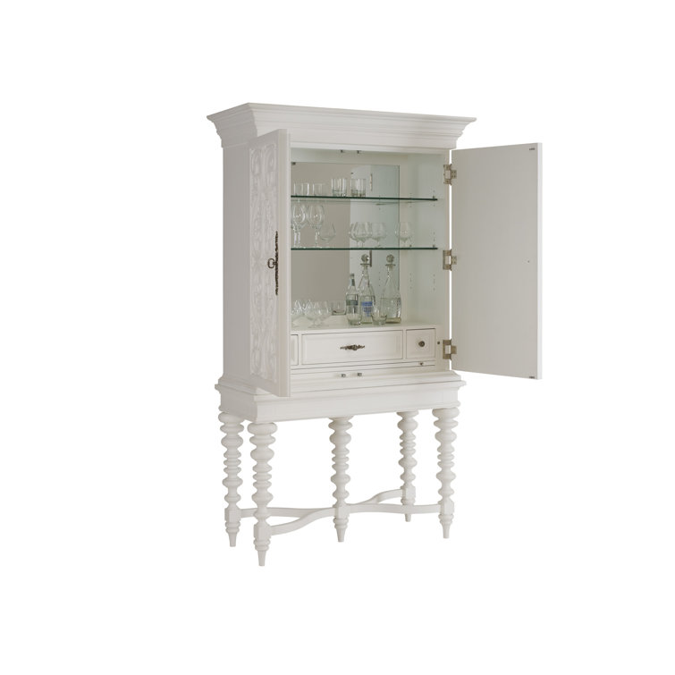 Arezzo White Carved Wood Bar Cabinet with Glass Shelves