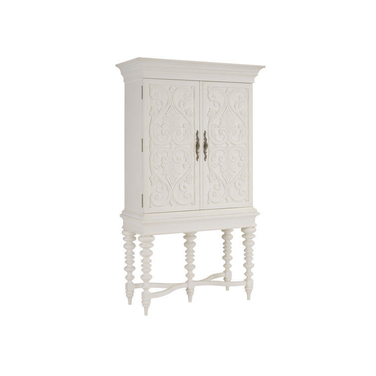 Arezzo White Carved Wood Bar Cabinet with Glass Shelves