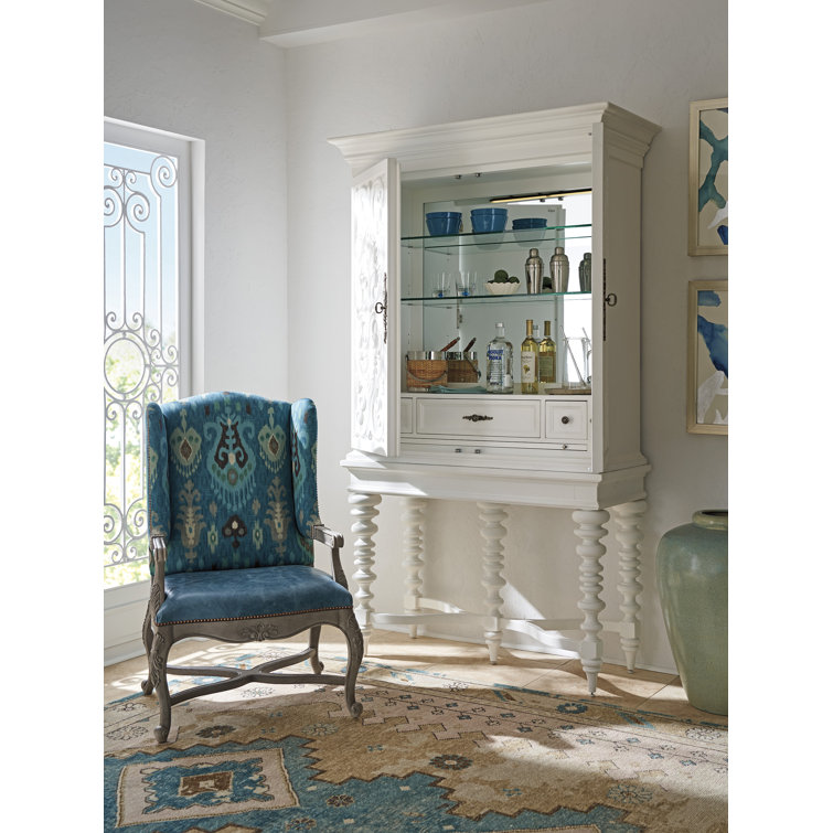Arezzo White Carved Wood Bar Cabinet with Glass Shelves