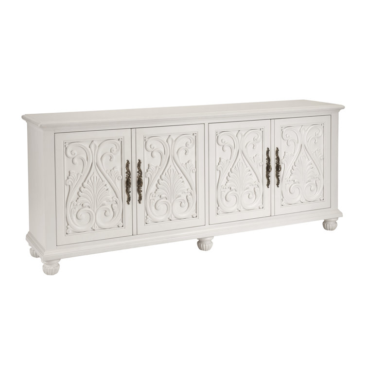 White Carved Wood Media Console with Cabinet Doors