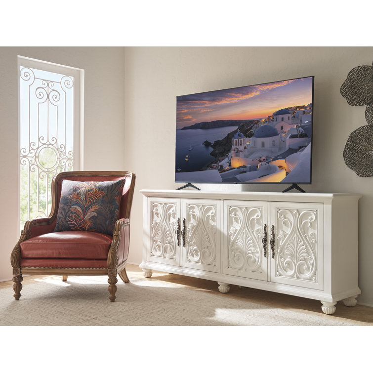 White Carved Wood Media Console with Cabinet Doors