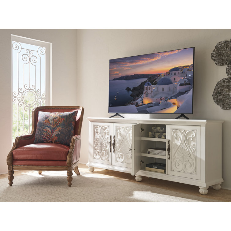 White Carved Wood Media Console with Cabinet Doors