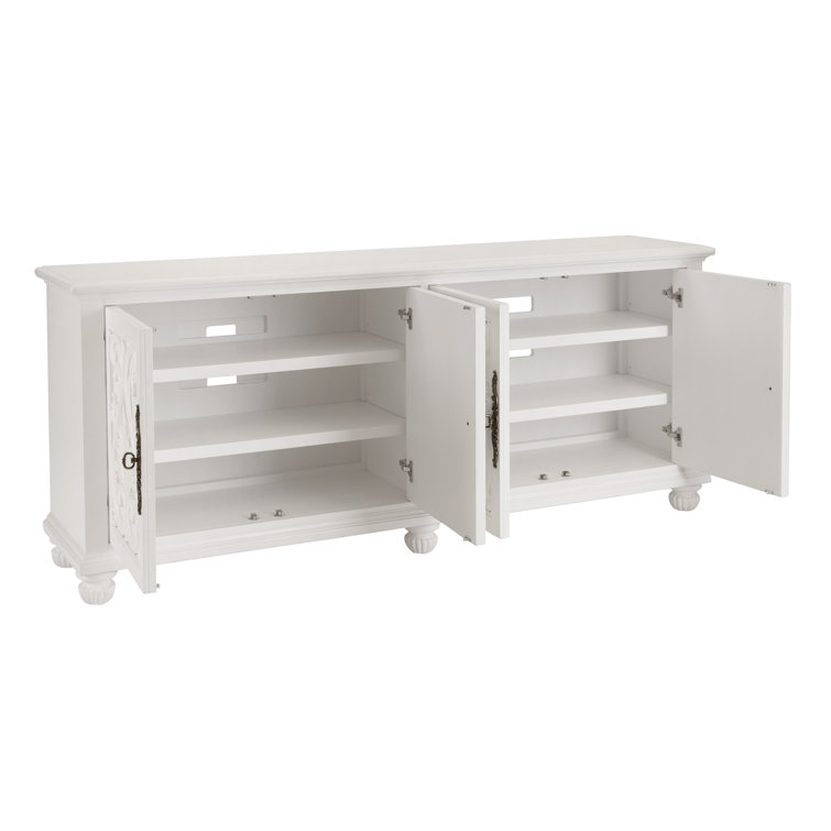 White Carved Wood Media Console with Cabinet Doors