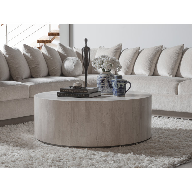 Cassio Round Gray Travertine Drum Cocktail Table