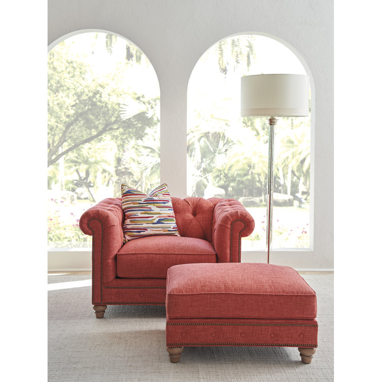 Carmen Red Upholstered Ottoman with Gold Nailhead Trim