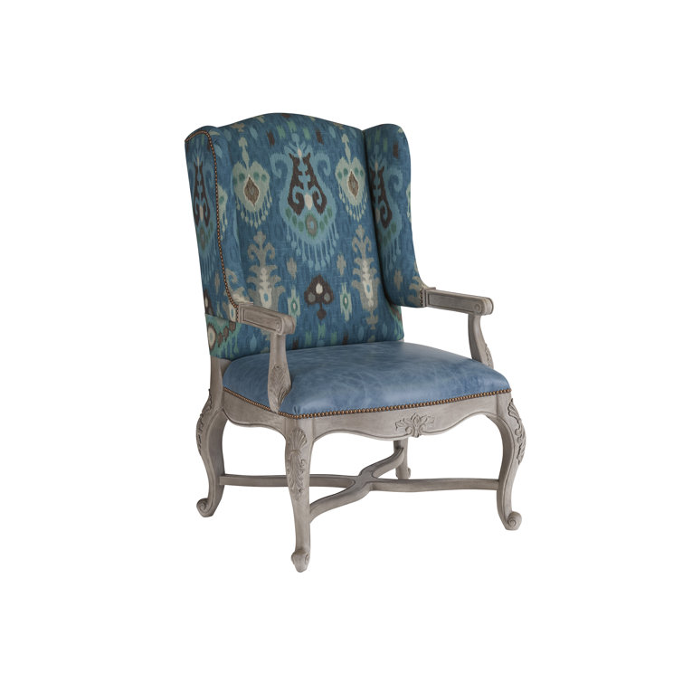 Blue Leather and Manufactured Wood Upholstered Armchair