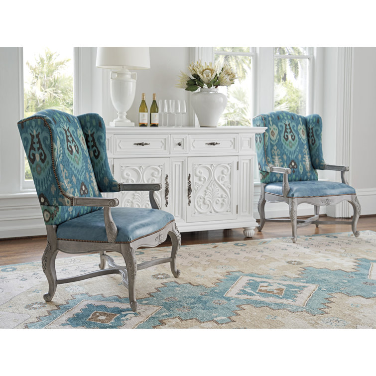 Blue Leather and Manufactured Wood Upholstered Armchair