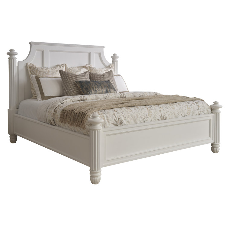 White King Upholstered Poster Bed with Carved Headboard