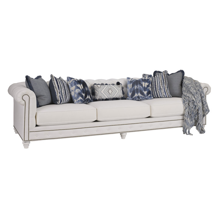 White Tufted Fabric Sofa with Down Fill Cushions and Nailhead Trim