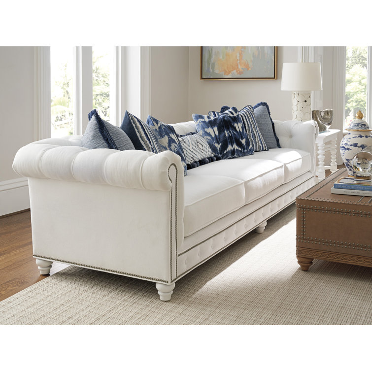 White Tufted Fabric Sofa with Down Fill Cushions and Nailhead Trim