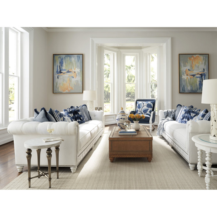 White Tufted Fabric Sofa with Down Fill Cushions and Nailhead Trim