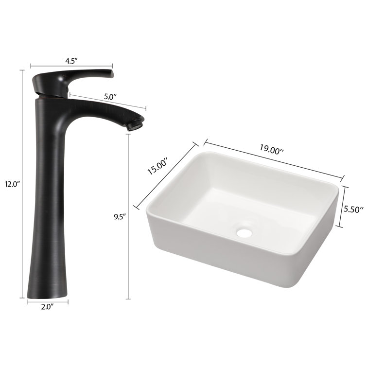 19" White Ceramic Rectangular Vessel Sink with Oil Rubbed Bronze Faucet