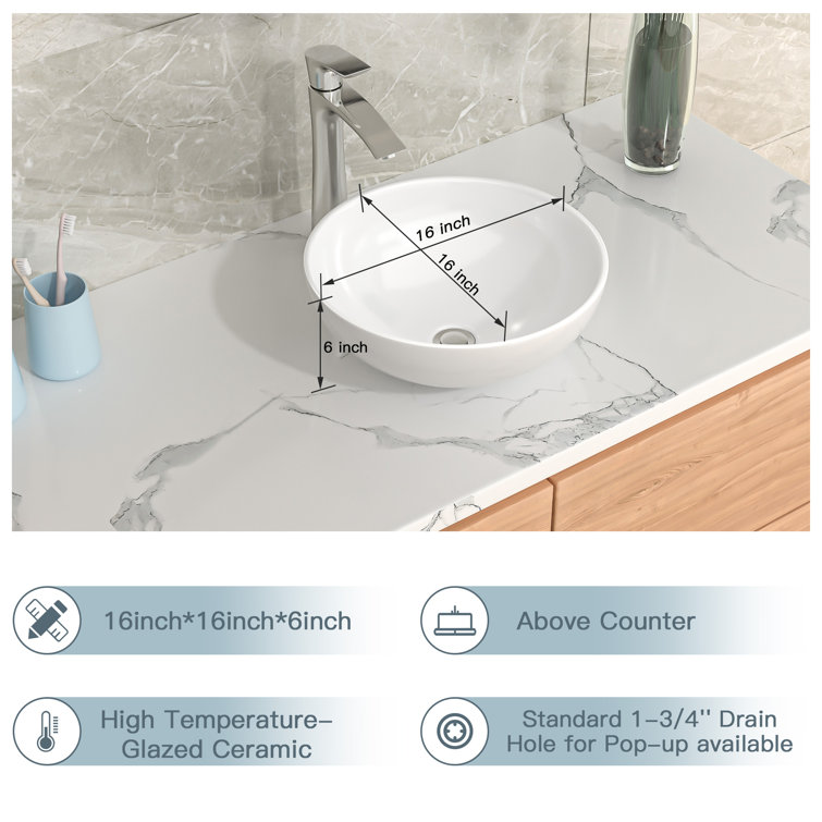 16 Inch White Ceramic Round Vessel Bathroom Sink