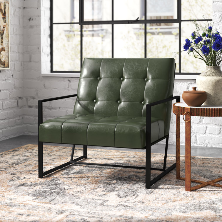 Hunter Green Faux Leather Button-Tufted Accent Chair with Metal Frame