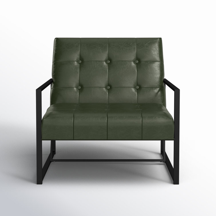 Hunter Green Faux Leather Button-Tufted Accent Chair with Metal Frame
