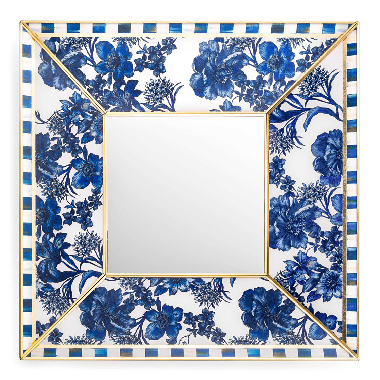 Blue Floral and Gold Foil Square Kids Wall Mirror