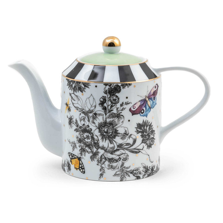 Multicolor Ceramic Butterfly and Floral Print Cylinder Teapot