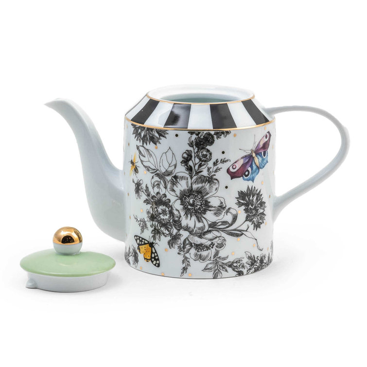 Multicolor Ceramic Butterfly and Floral Print Cylinder Teapot