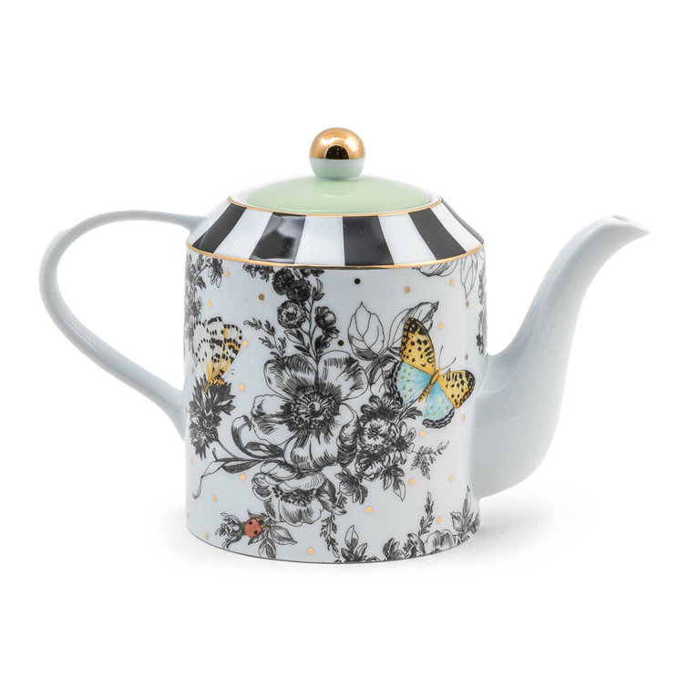 Multicolor Ceramic Butterfly and Floral Print Cylinder Teapot