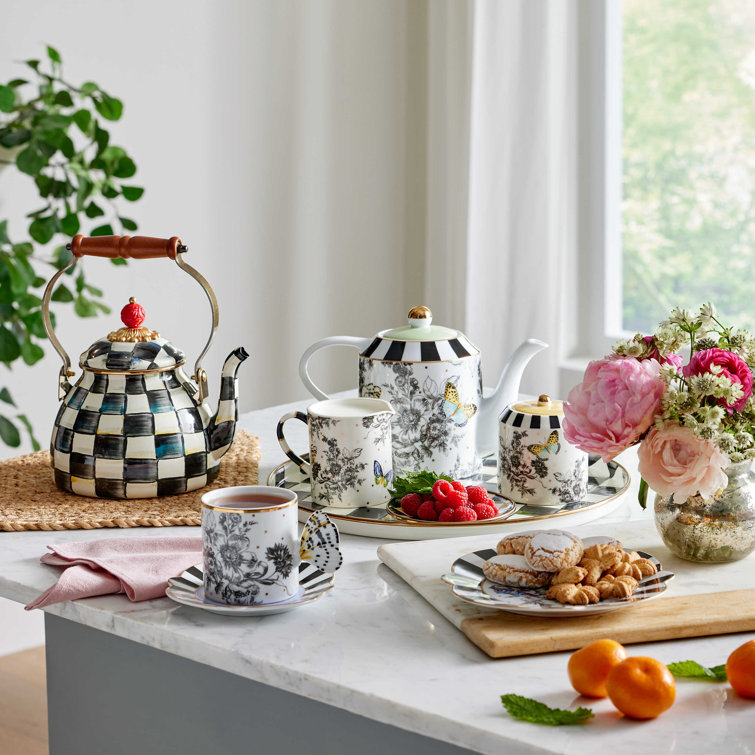 Multicolor Ceramic Butterfly and Floral Print Cylinder Teapot