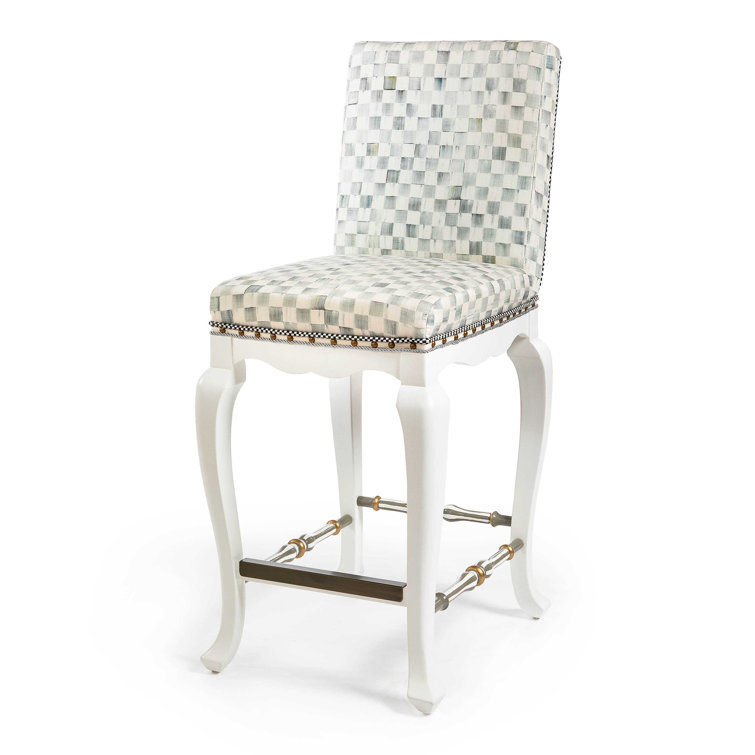 White and Gray Solid Wood Counter Stool with Upholstered Back