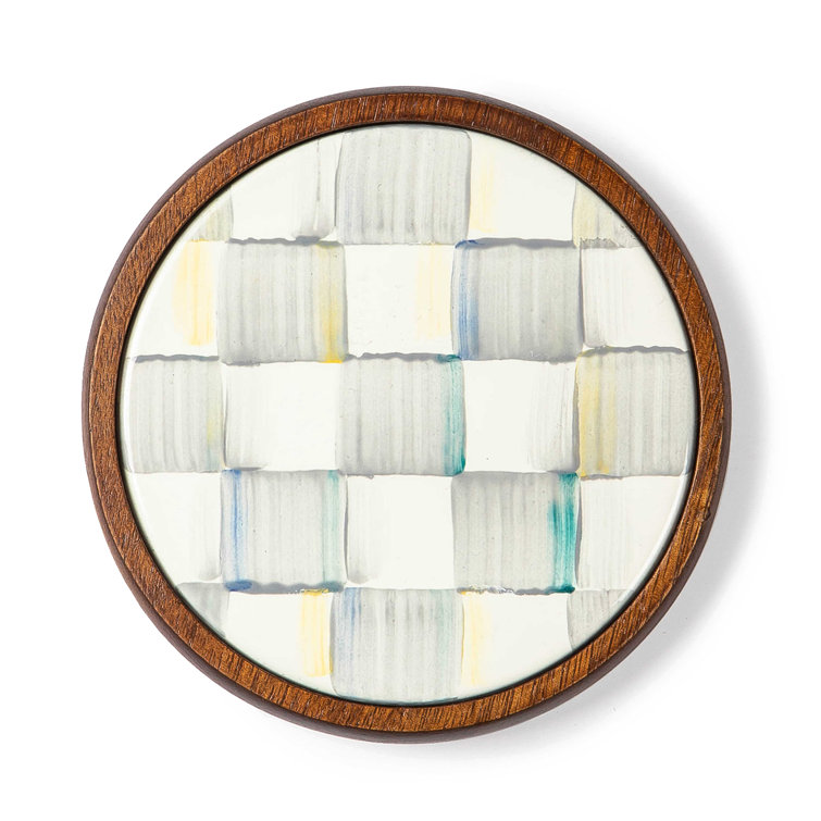 Sterling Check Gray and White Enamel Coasters with Acacia Wood Base
