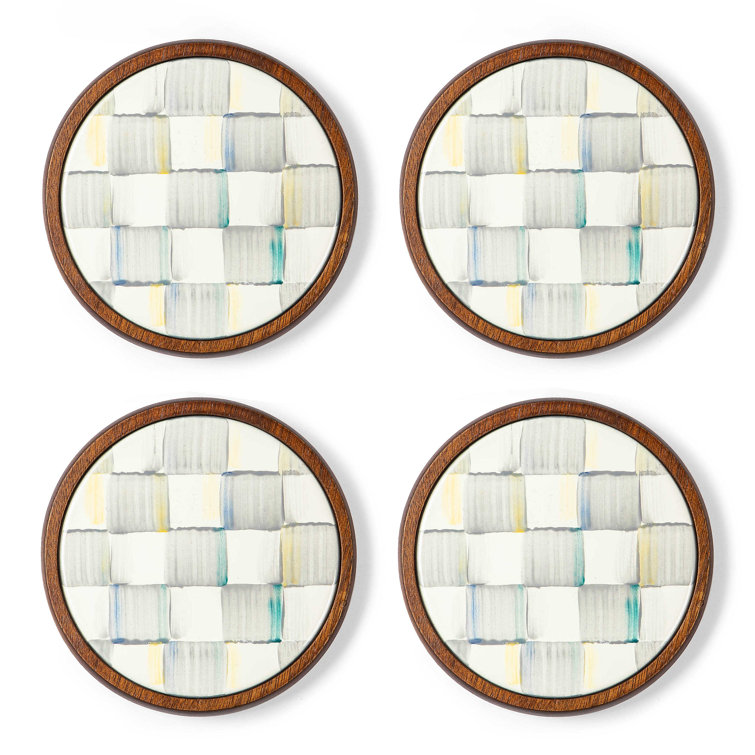Sterling Check Gray and White Enamel Coasters with Acacia Wood Base